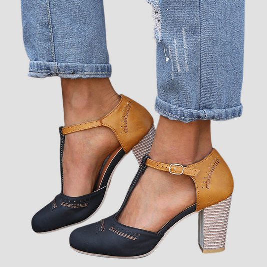 Romy | Retro-Sandalen mit Blockabsatz & Stickdetails